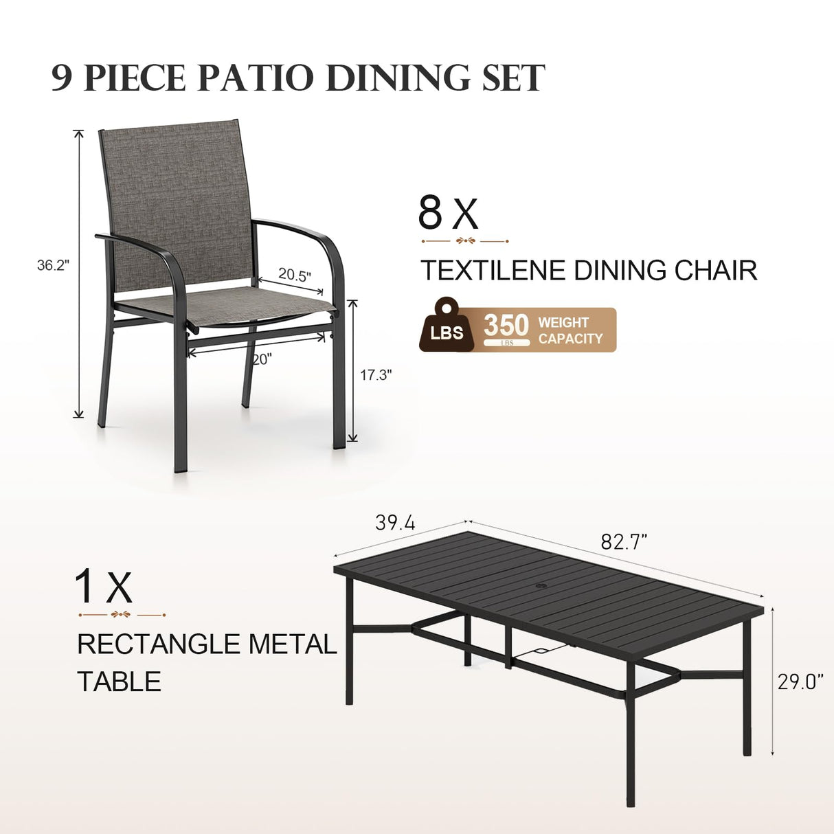 HERA'S HOUSE 9 Pieces Patio Dining Set, 8 x Brown Textilene Patio Chairs and 1 x 83 Large Rectangle Dining Table, Outdoor Furniture Set for Deck Garden Backyard Lawn Poolside HERA'S HOUSE