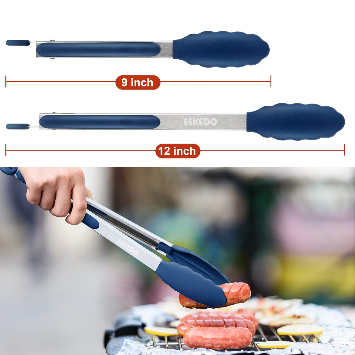 EEKEDO Kitchen Tongs, Stainless Steel Silicone Tongs for Cooking 600ºF High Heat-Resistant BBQ Grilling Locking Tongs, Set of 2-9" and 12" Classic Blue EEKEDO