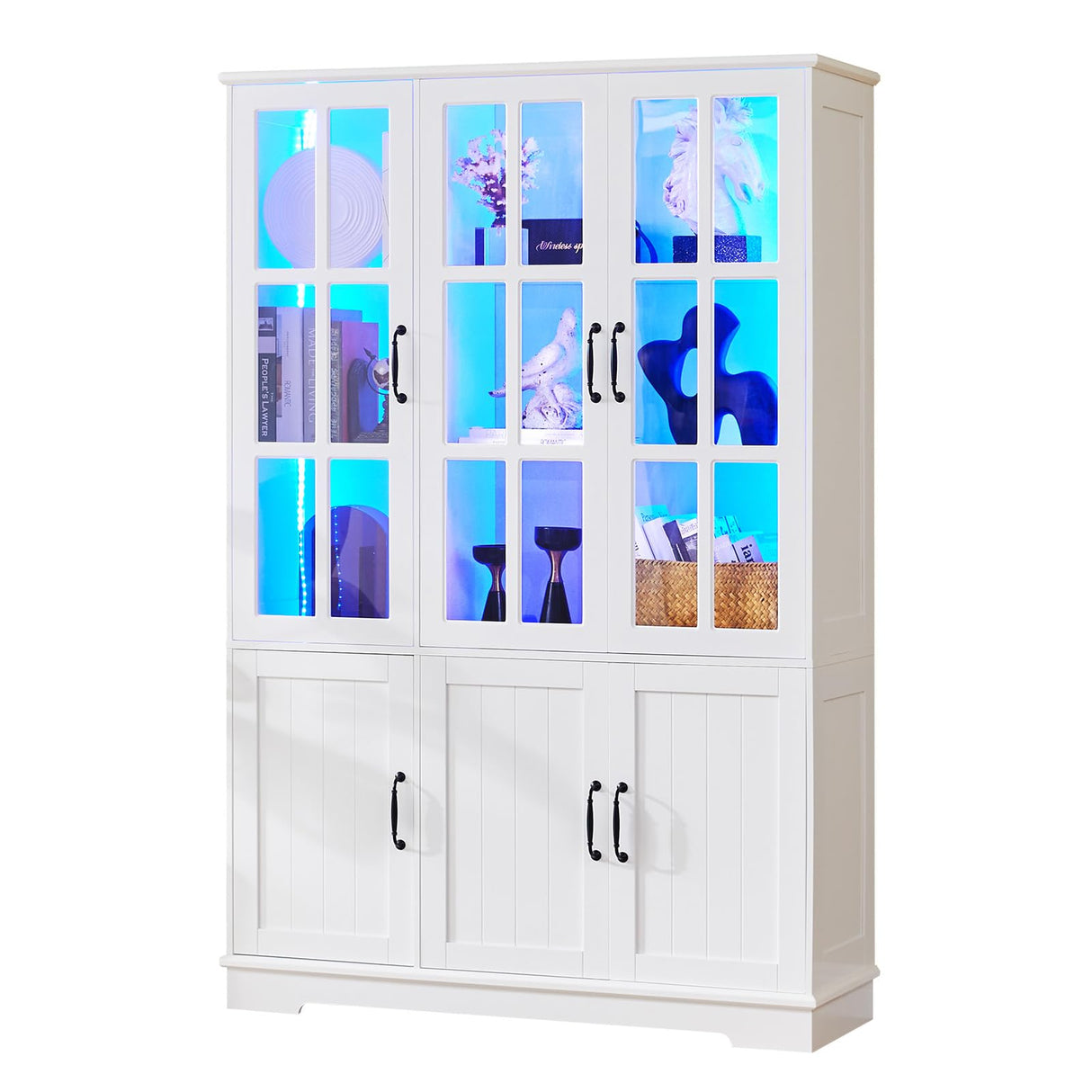 LUXOAK 71" Tall Bookshelf with Doors, LED Display Cabinet with 5-Tier Storage Shelves, White Bookcase for Study/Home Office/Living Room, 6-Door LUXOAK