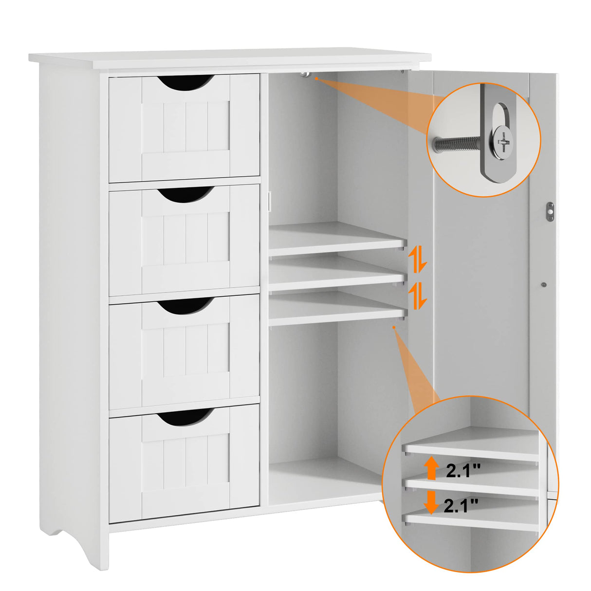 JUMMICO Bathroom Storage Cabinet, Floor Cabinet with 4 Drawers and 1 Adjustable Shelf, Storage Oragnizer for Living Room, Kitchen, Bathroom (White) JUMMICO