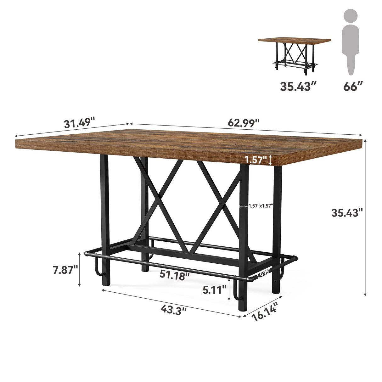LITTLE TREE 63-Inch Industrial Bar Table with Metal Footrest, Counter Height Pub Table for Kitchen, Home Bar & Entertaining (Brown) LITTLE TREE
