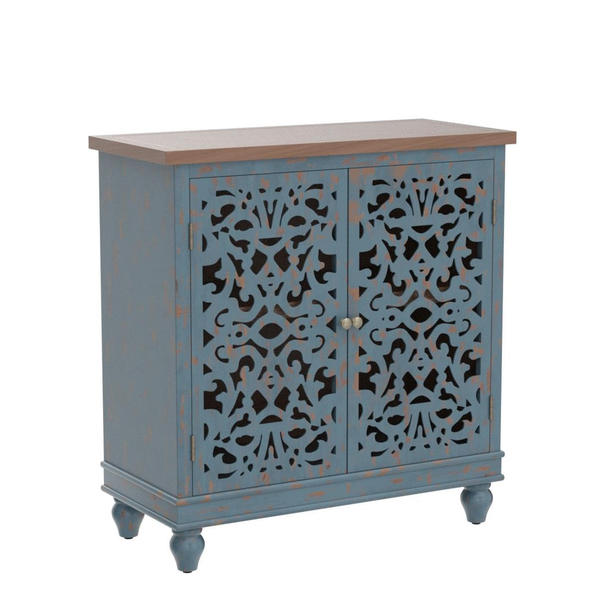 Sophia & William Accent Cabinet with 2 Doors, Distressed Storage Cabinet with Wood Frame and Hollow-Carved Door for Entryway Living Room, Blue Sophia & William