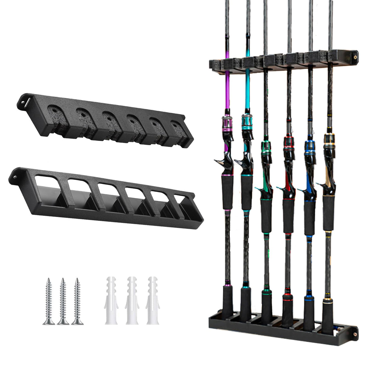 Tcakelox Fishing Rod Holder for Garage Fishing Pole Holders Fishing Rod Rack Vertical Wall-Mounted for Garage Stores 6 Rods or Combos Fits Most Rod Diameters (Vertical Black, 1 Pair) Tcakelox