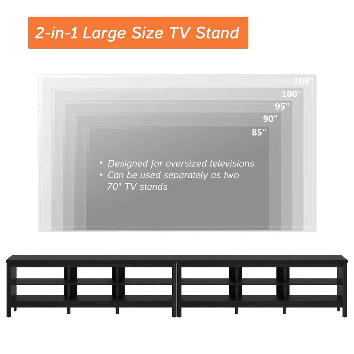 FITUEYES Classic TV Stand for 100 Inch TV, Black Entertainment Center for 80 85 90 inch TV Console Table with 12 Cubby Storage for Living Room Bedroom FITUEYES
