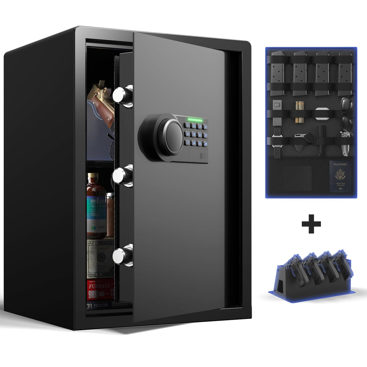 Grimtron Gun Safe for Handgun - (2.03 cu. ft.) Include 【Gun Organizer & Gun Rack】 Silent Mode, Backlit Keypad, and LED Light Safe Box Anti-Rust, Anti-Theft, Anti-Pry Grimtron