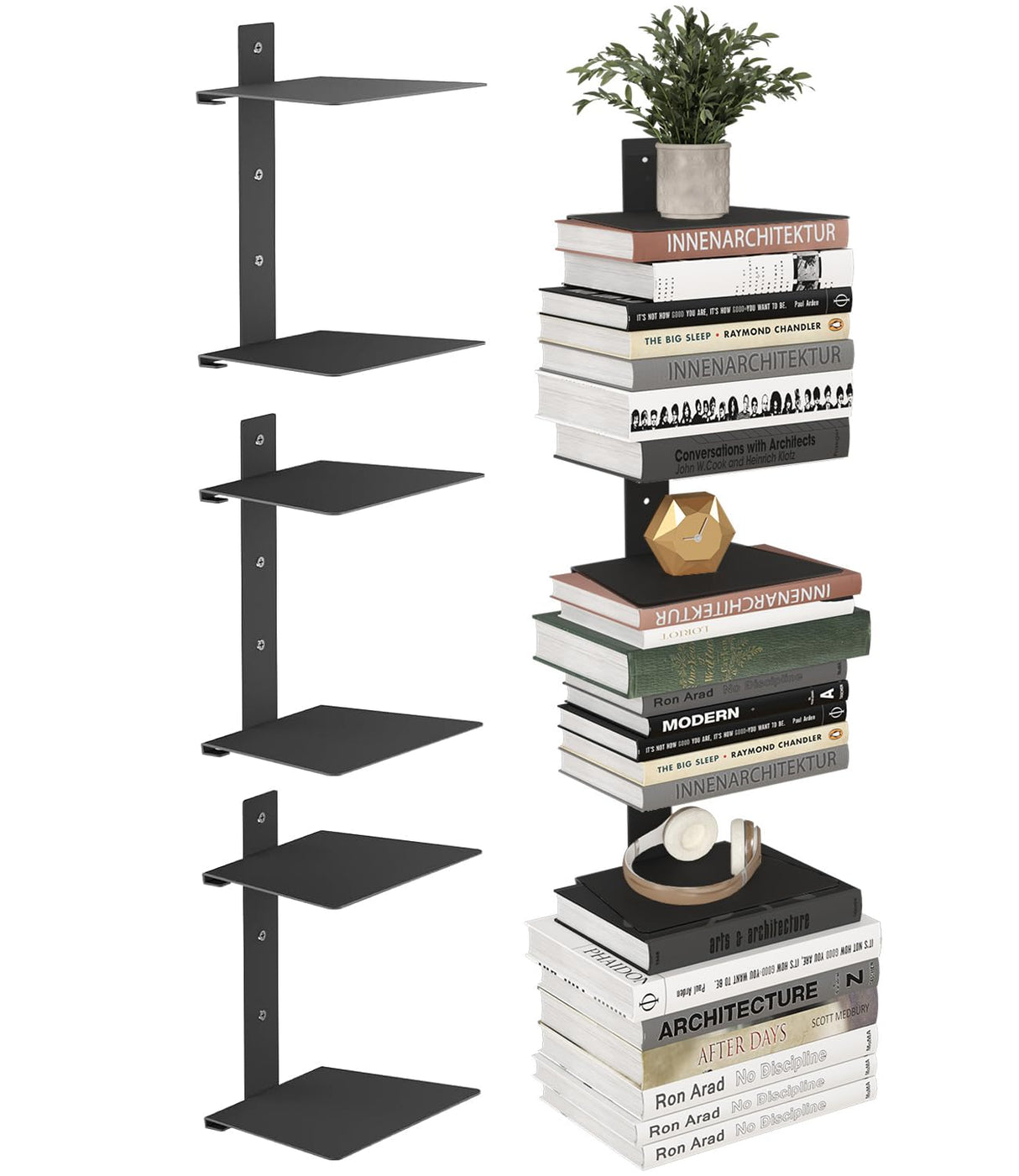 Floating Book Shelves for Wall, 6 Tier Invisible Bookshelves Heavy Duty Metal Loads 90LBS, Vertical Spine Book Tower Hanging Bookshelves, Shelves for Room Wall Mounted, 3 Pack Black Wawocs
