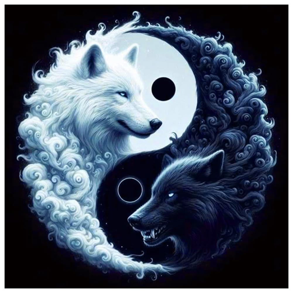 Sanjee Wolfs Diamond Art Kits for Adults, Yin-Yang Diamond Painting Kits for Beginner, 5D DIY Round Full Drill Gem Art Crafts for Home Wall Decor Gift, 12x12inch Sanjee
