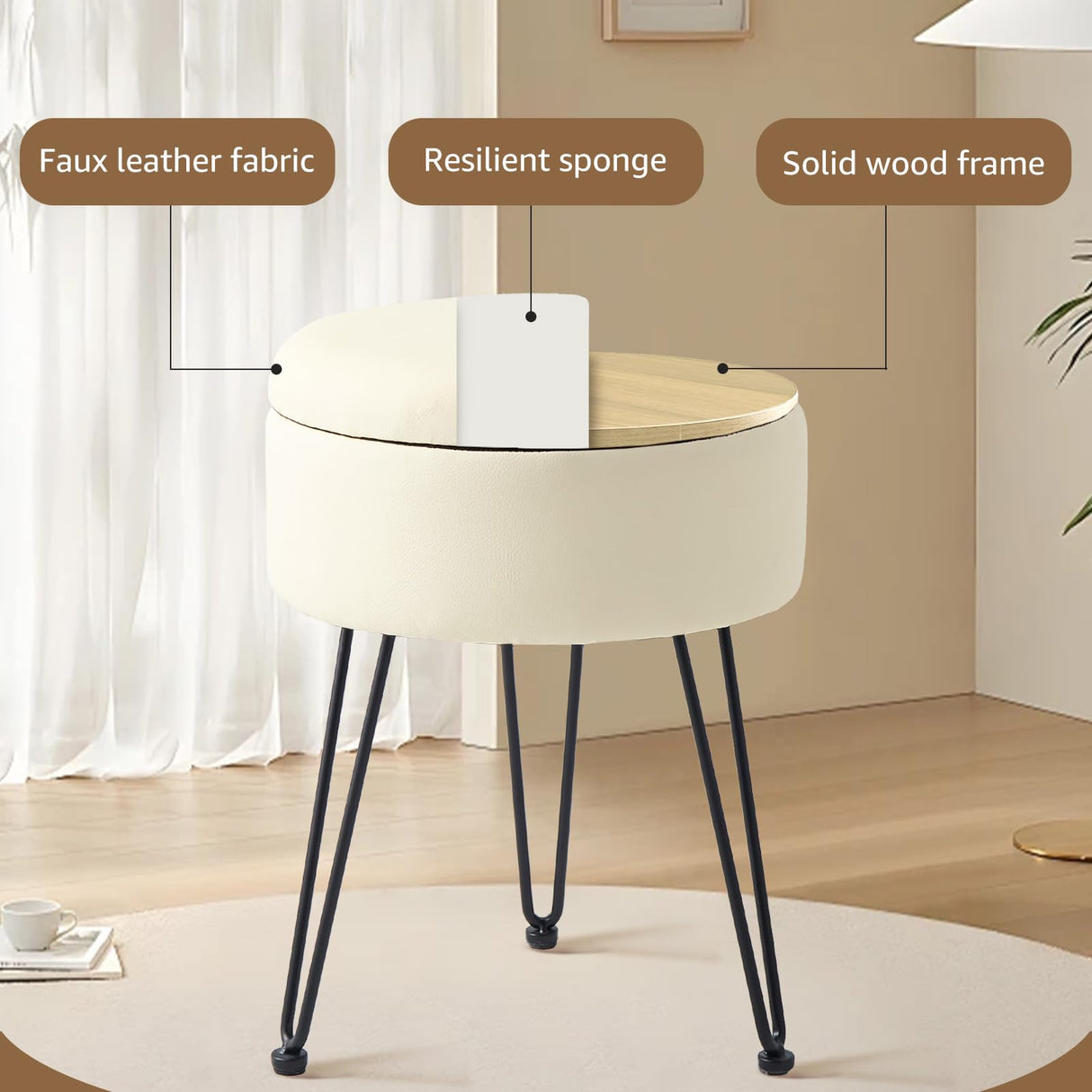 Wimarsbon Round Storage Ottoman Foot Stool Modern Faux Leather Vanity Stool with Solid Wood Frame&Metal Legs,Compact Footstool Dressing Stool Footrest for Living Room Bedroom or Entryway (White) Wimarsbon