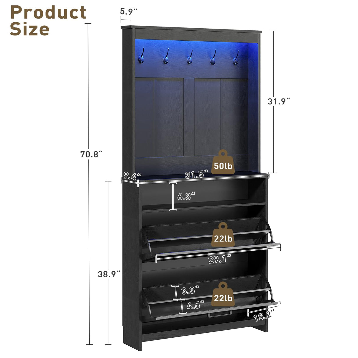 Farmhouse Shoe Storage Cabinet with 2 Flip Drawers & Coat Rack, LED Light, Hall Tree with Hidden Shoe Cabinet, Freestanding Shoes Organizer Cabinet for Entryway, Hallway, and Living Room, Black RALGEND