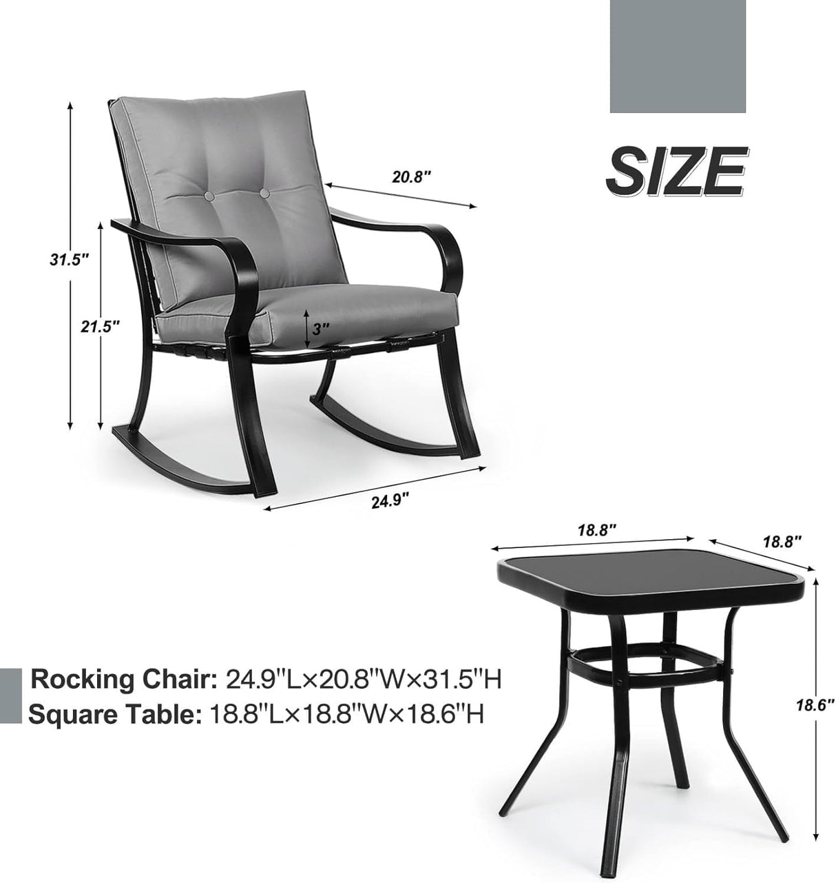 Oakmont Outdoor Furniture 3 Piece Conversation Bistro Set Rocking Chairs and Glass Top Table, Thick Cushions, Black Steel (Brown) Oakcloud