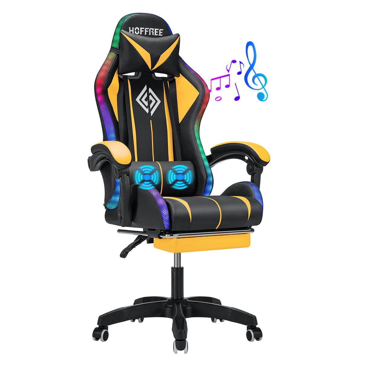 HOFFREE Gaming Chair Massage with Bluetooth Speakers Ergonomic Computer Gaming Chair with LED RGB Lights Footrest High Back Music Video Game Chair with Lumbar Support Yellow and Black HOFFREE