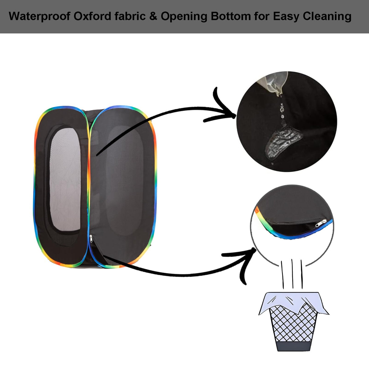 LUCKITTY Portable Cat Litter Box Enclosure, Pop Up Hidden Litter Box Furniture with Big Pocket for Living Room, Bedroom, Made by Waterproof Oxford & Breathable Mesh, Black-Rainbow, 32" L×19" W×19" H LUCKITTY