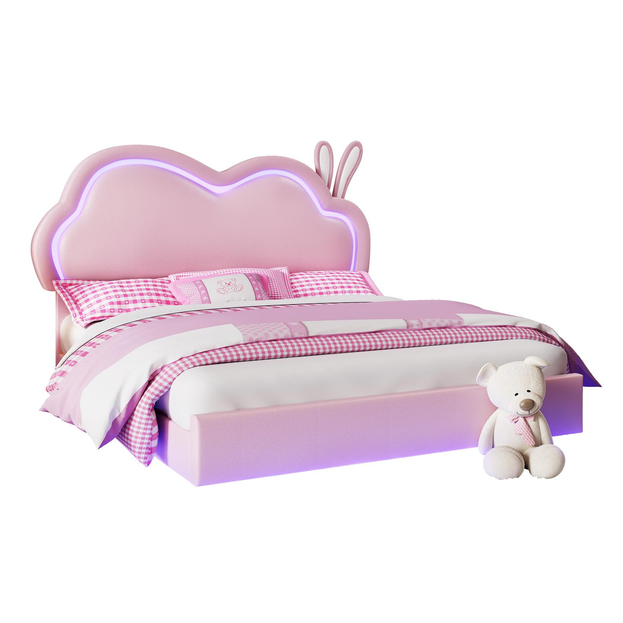 Jocisland LED Full Bed Frame for Girls Upholstered Floating Bed with Cute Cloud Headboard, No Box Spring Needed, Leather, Pink Jocisland