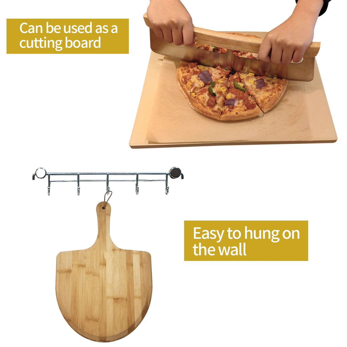 Rectangular Pizza Stone 4 Sets,12"x15"x0.59"(OAK) Pizza Stone for Oven and Grill with Bamboo Pizza Peel, Pizza Cutter and 10pcs Cooking Paper,Grill Stone Baking Stone for Bread,BBQ,Grill DAILJMON