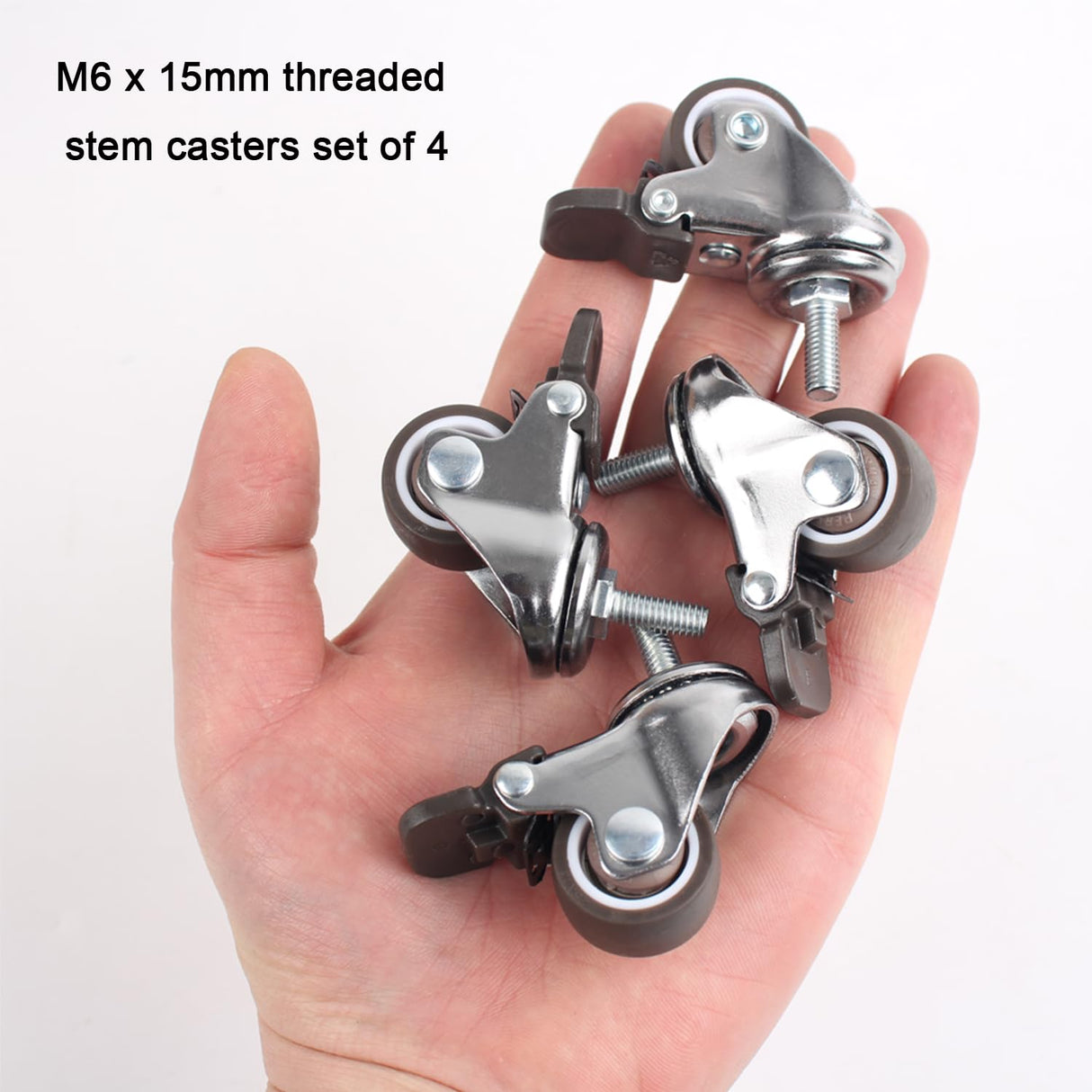 Luxinika 1 Inch Caster Wheels with M6 Threaded Stem, Small Swivel Stem Casters Set of 4 with Brakes, TPE Rubber Rolling 15 mm Screw Wheels for Furniture Tiny Shopping Cart Wire Shelving Luxinika