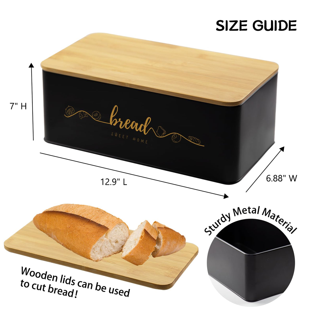 Holismo Bread Box with Bamboo Cutting Board Lid, Metal Bread Box for Kitchen Counter, Small Bread Storage Container, Black Bread bin for Kitchen Countertop Holismo