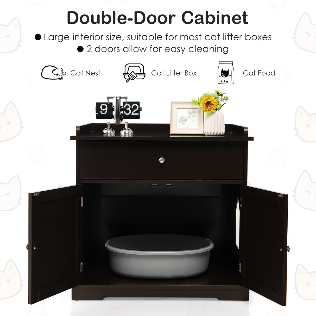 PETSITE Cat Litter Box Enclosure, Large Cat Washroom End Table with Drawer & 2 Doors, Wooden Cat House Storage Cabinet, Hidden Litter Box Furniture, Brown PETSITE