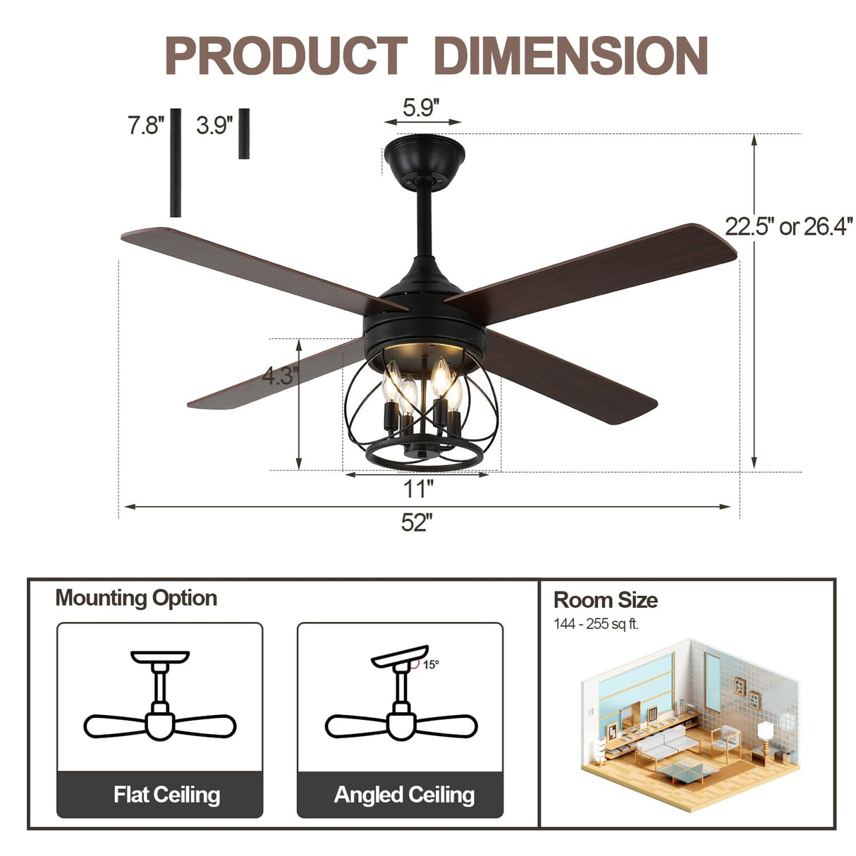 Curve Curio 52 Inch Farmhouse Ceiling Fan with Light and Remote Industrial Ceiling Fan Quiet and Reversible DC Motor Rustic Caged Chandelier Fan for Living Room Bedroom Patio (Caged Frame) Curve Curio