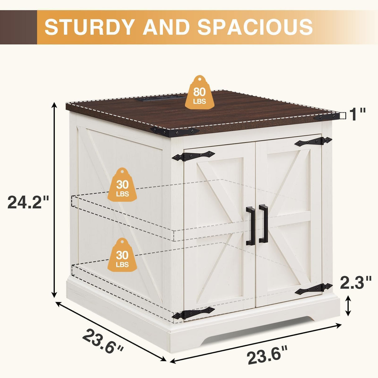 Barnyatoh Farmhouse End Table with Charging Station,24" Large Sofa Side Table with Barn Door, Rustic Wood Square Nightstand Bedside Table with Adjustable Shelf for Living Room, Bedroom,Antique White Barnyatoh