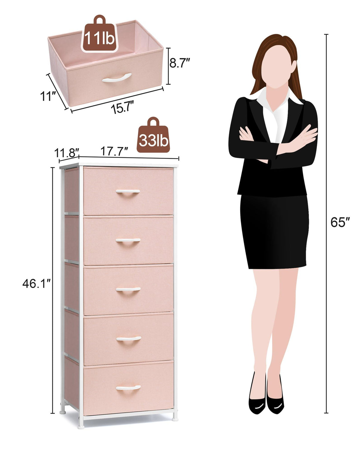 Crestlive Products Tall Dresser for Girls Bedroom, Chest of 5 Drawers, Fabric Storage Tower, Clothing Organizer for Bedroom, Hallway, Entryway, Closets, Nursery(Pink) Crestlive Products