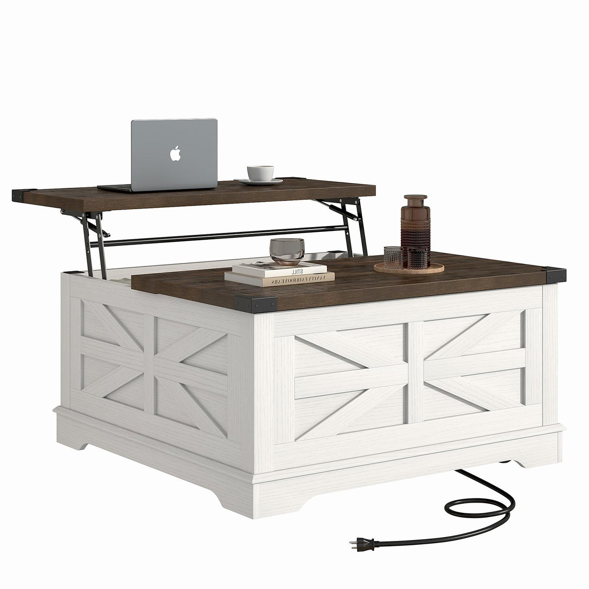 Hlivelood 36" Farmhouse Movable Lift Top Coffee Table with Storage and Power Outlets, Square Wood Living Room Tables with Wheels&Large Hidden Space, Lift Wooden Barn Door Center Table, White Hlivelood