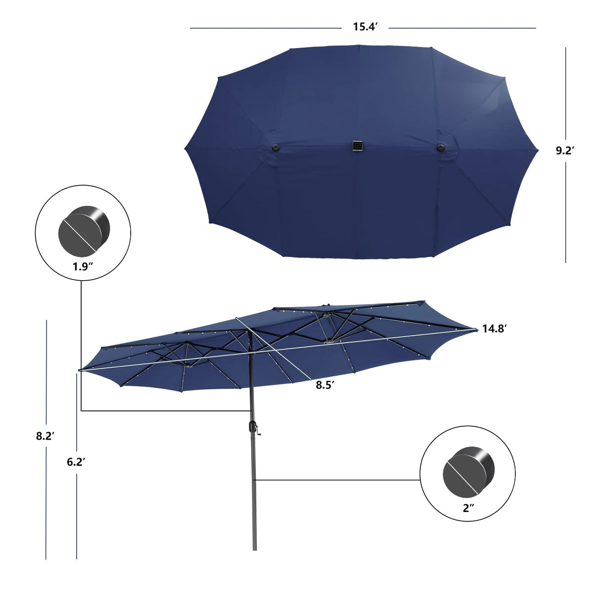 Tangkula 15 Ft Twin Patio Umbrella with 48 LED Lights, Double-Sided Outdoor Umbrella W/ Auto-Charging Solar Panel, Extra-Large Outdoor Market Umbrella W/ Hand-Crank System for Poolside, Garden & Backyard (Navy Blue) Tangkula