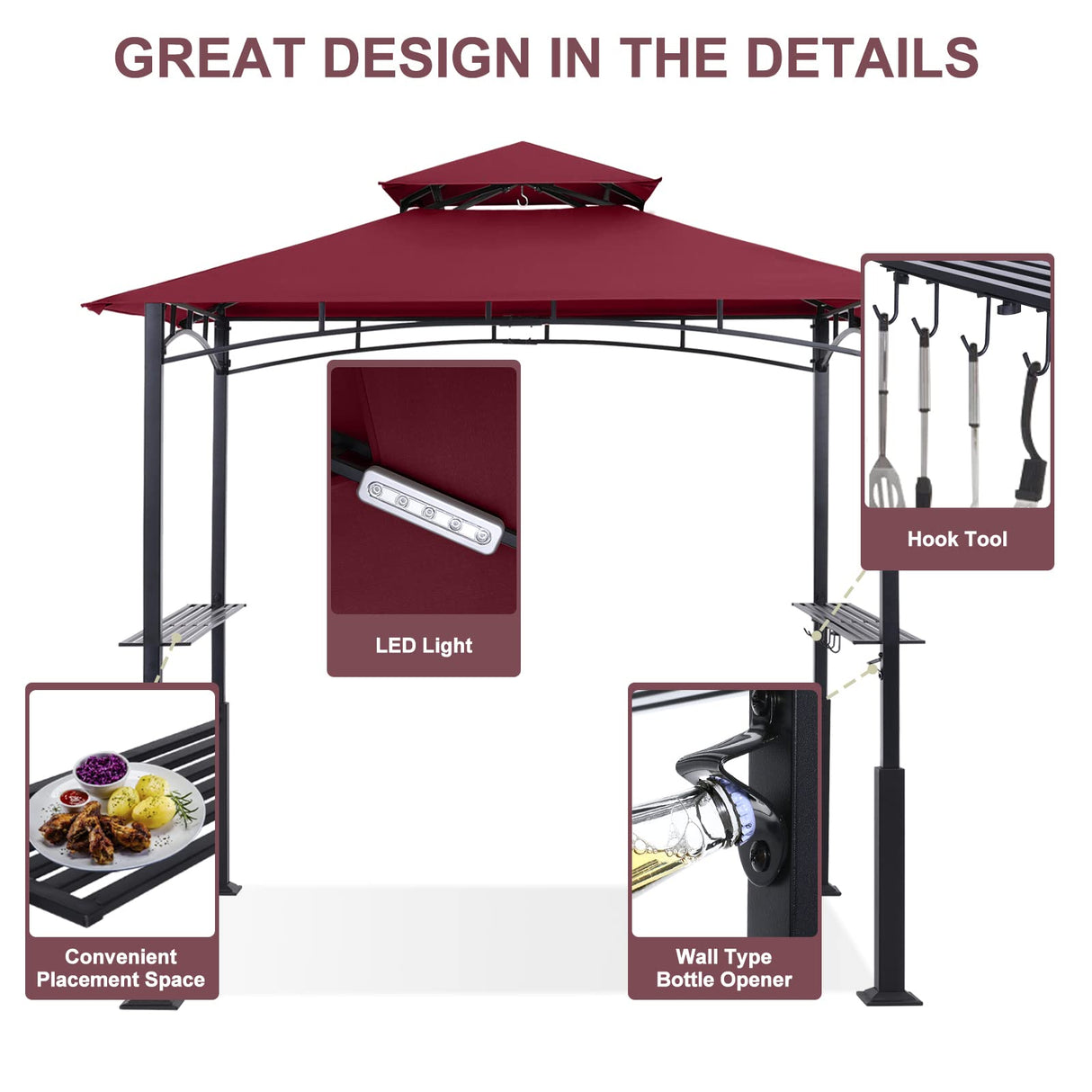 ABCCANOPY 8'x 5' Grill Gazebo Canopy - Outdoor BBQ Gazebo Shelter with LED Light, Patio Canopy Tent for Barbecue and Picnic (Burgundy) ABCCANOPY