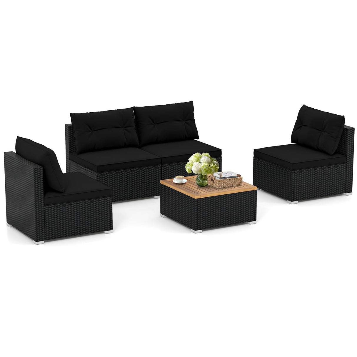 RELAX4LIFE 5-Piece Wicker Outdoor Furniture - PE Rattan Sectional Conversation Set w/4 Armless Sofas & Acacia Wood Coffee Table, Cushioned Patio Sofa Set for Garden Poolside Backyard Porch (Black) RELAX4LIFE