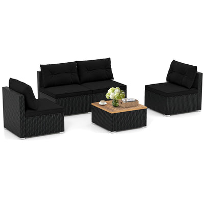 RELAX4LIFE 5-Piece Wicker Outdoor Furniture - PE Rattan Sectional Conversation Set w/4 Armless Sofas & Acacia Wood Coffee Table, Cushioned Patio Sofa Set for Garden Poolside Backyard Porch (Black)