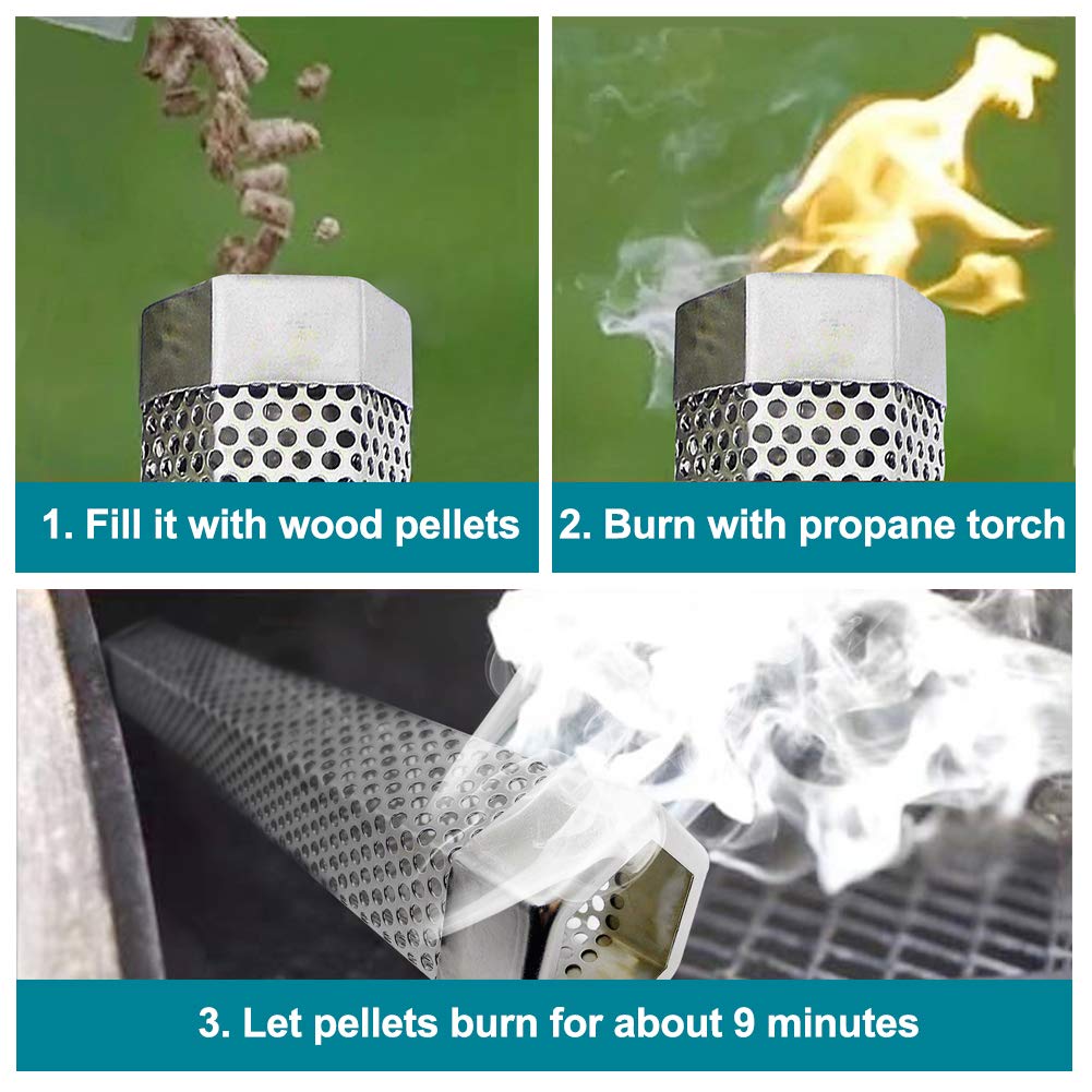 Aushucu 2pcs Smoker Tube 12in Pellet Smoker Tube Stainless Steel Smoke Tube for Hot or Cold Smoking 5 Hours of Billowing smoke Portable BBQ Smoking tube Generator Electric Charcoal Gas Grill Smoker aushucu
