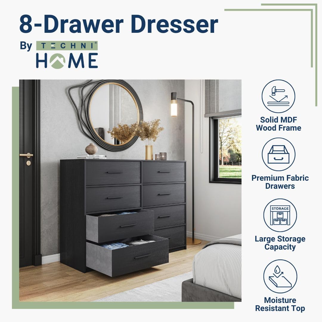 Modern 8-Drawer Dresser with Spacious Storage,Sturdy Wood Frame, and Large Capacity Drawers, Dressers for Bedroom, Home Organization Storage for Living Room or Hallway, Black Techni Home