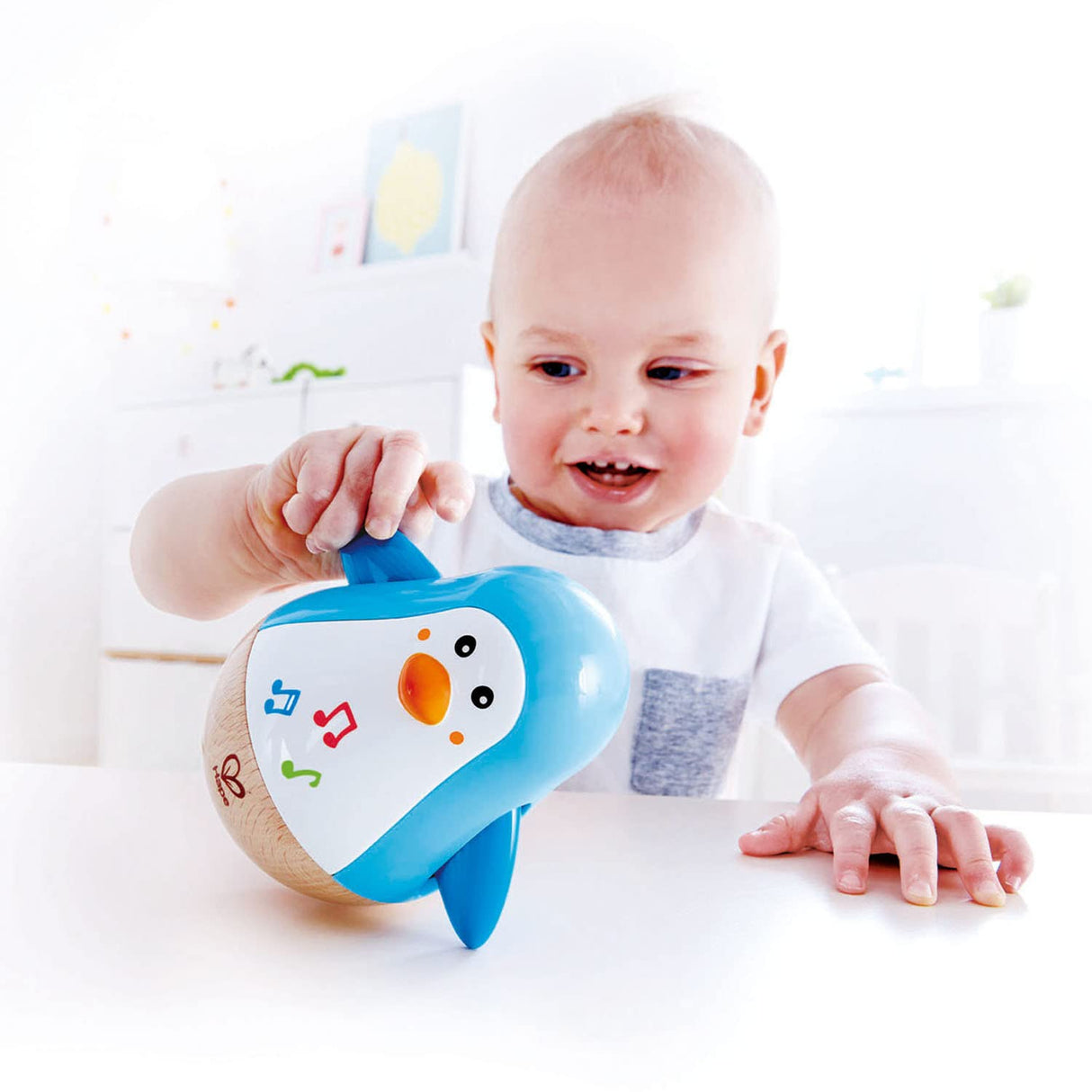 Hape Penguin Musical Wobbler | Colorful Wobbling Melody Penguin, Roly Poly Toy for Kids 6 Months+, Multicolor, 5'' x 2'' (E0331) , Blue Hape