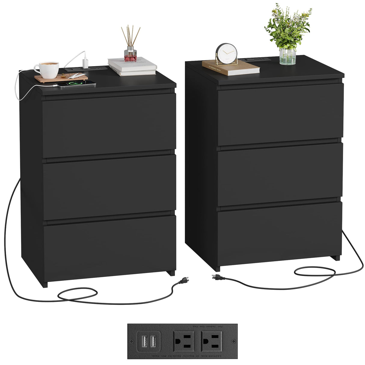FOTOSOK Black Nightstand Set of 2, 26" H Night Stand Set 2 with Charging Station, Black Night Stand with USB Ports & Power Outlets, Silent Slides, End Side Table Bedside Table for Bedroom FOTOSOK