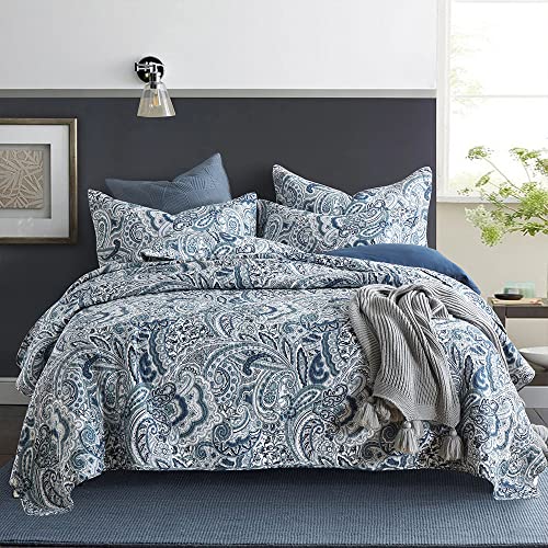 Autumn Dream Cotton Bedspread Quilt Sets, 3 Pieces Reversible Comforter Coverlet Sets,Blue Floral Paisley Bedspread,King Size Autumn Dream