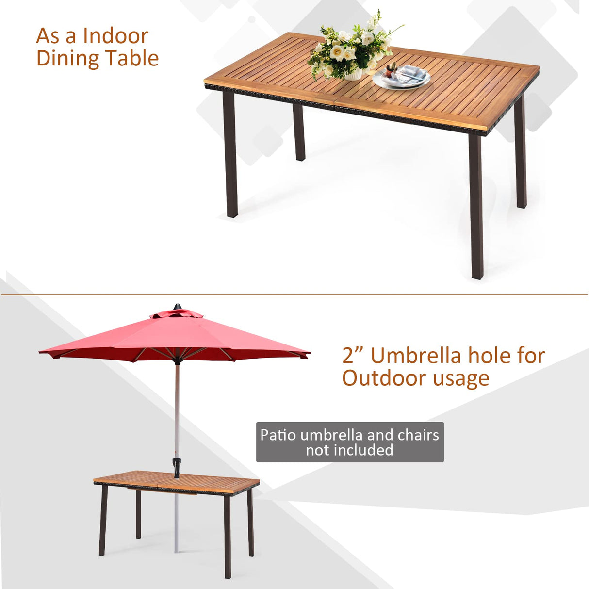 Tangkula Patio Acacia Dining Table, Outdoor Rectangle Dining Table with Acacia Wood Desktop, Steel Frame and Umbrella Hole, Perfect for Outdoor Entertaining, Deck, Backyard, Pool Side Tangkula