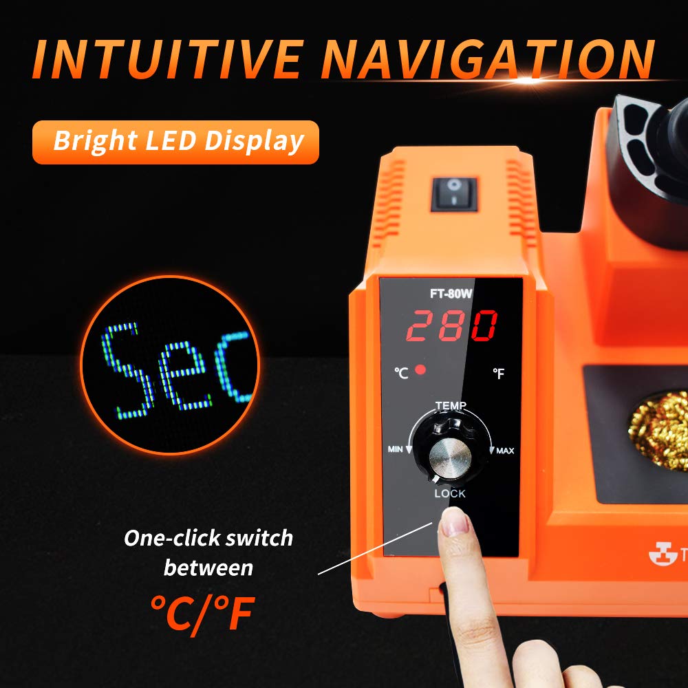 TOAUTO Soldering Station,80W Digital Solder Iron Station Kit with 176°F-896°F Temperature, C/F Func, Auto Standby & Sleep, Temperature Lock,5 Extra Solder Tips, Solder Bracket, Solder Sucker (Orange) TOAUTO