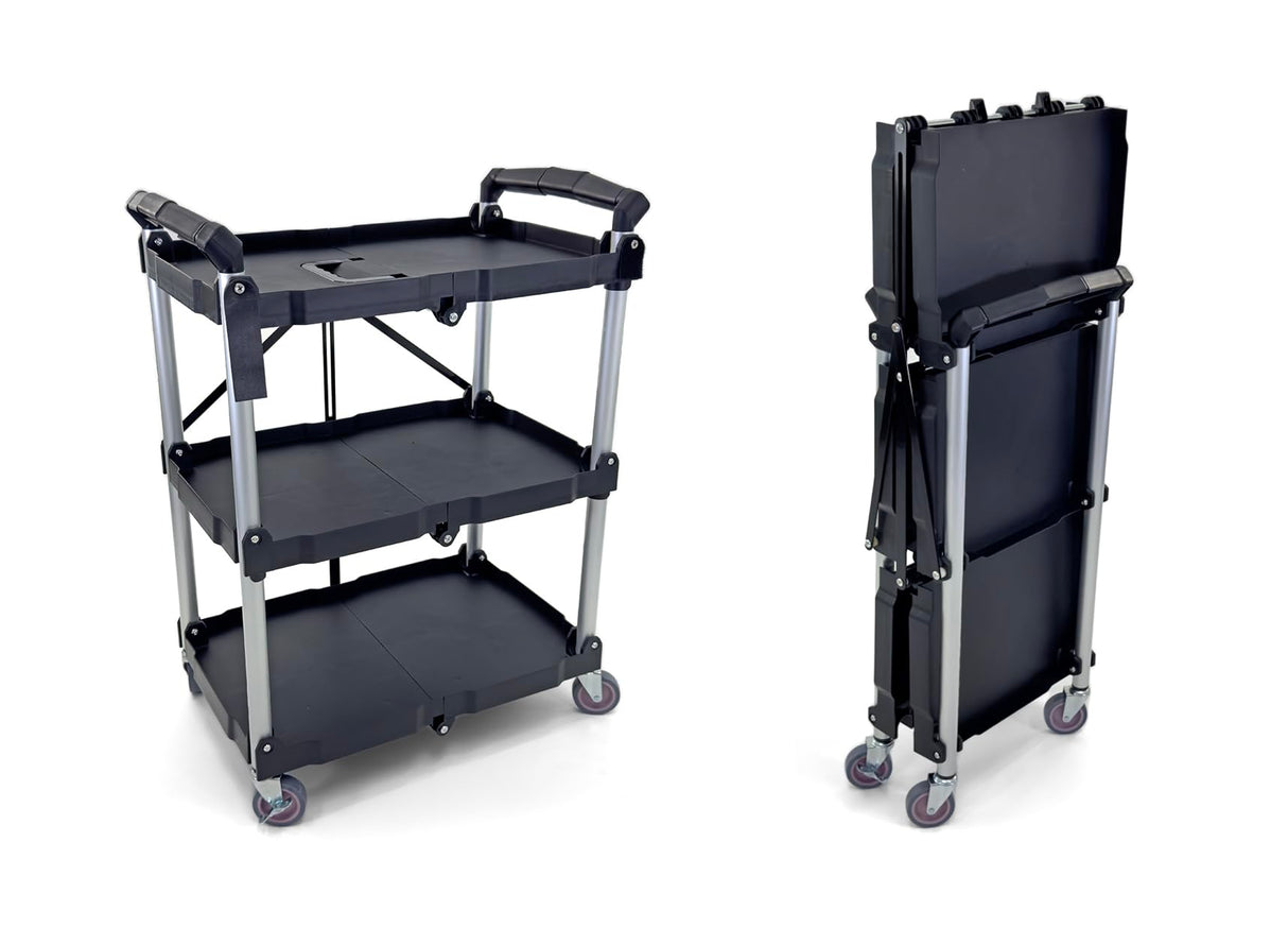 Portable Folding Service Cart | Heavy-Duty Utility Service Cart | 3 Tier 330LBS Capacity | Rolling Cart Utility Cart Foldable Cart | Black. Farag Janitorial