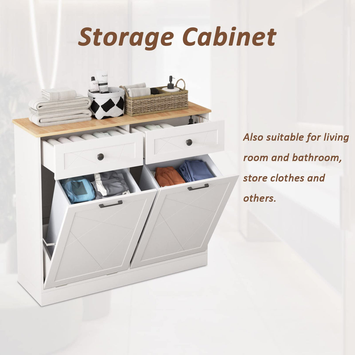 Halitaa Trash Can Cabinet, Double Tilt Out Trash Cabinet with 2 Drawers, Hidden Kitchen Trash Bin Cabinet for 10 Gallon Garbage Can, Free Standing Holder Wooden, Walnut White Halitaa