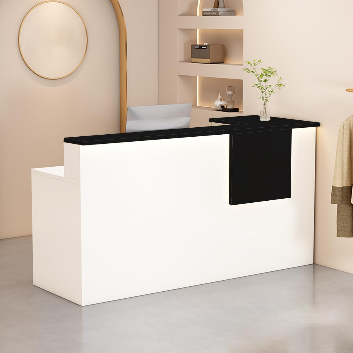 Reception Desk with Counter Modern, 35.4-118.1'', Solid Wood Ecological Board, Large Storage Space,Lockable Storage Drawers, for Salons, Offices, Lobbies, Retail Stores and Home Offices EQWZUPD