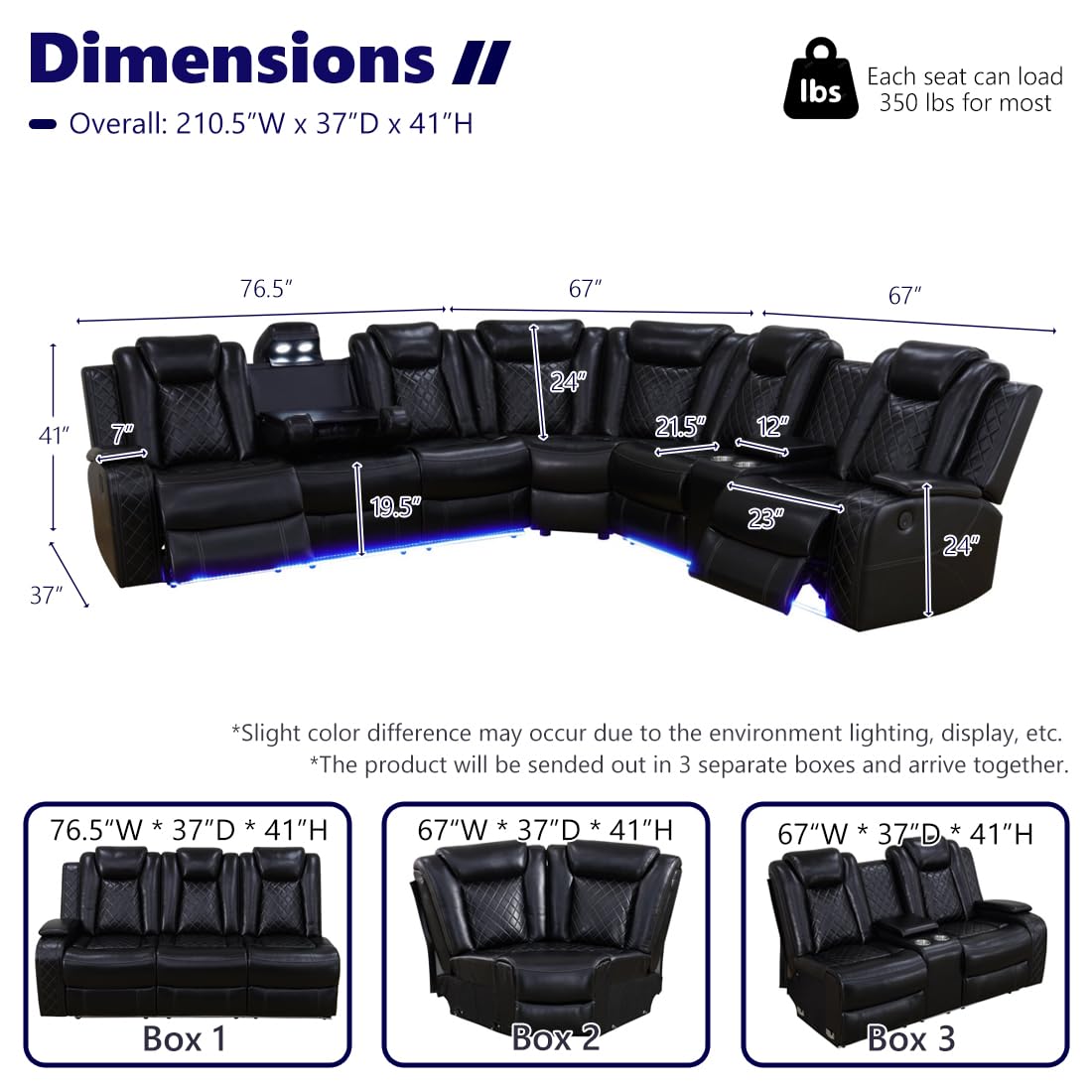 Anthato Black Leather Power Recliner Sectional Sofa Set with LED Lights, Modern L-Shaped Reclining Sofa, Reclining Corner Couch with Cup Holders/Storage/Charging Ports for Living Room/Home Theater Anthato