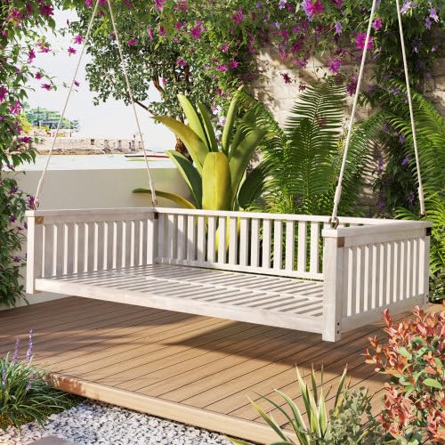 Porch Daybed Swing Outdoor Wooden Swing Bench, Patio Hanging Swing Chair Swinging Bed for Garden, Backyard, Deck, White NCKMYB