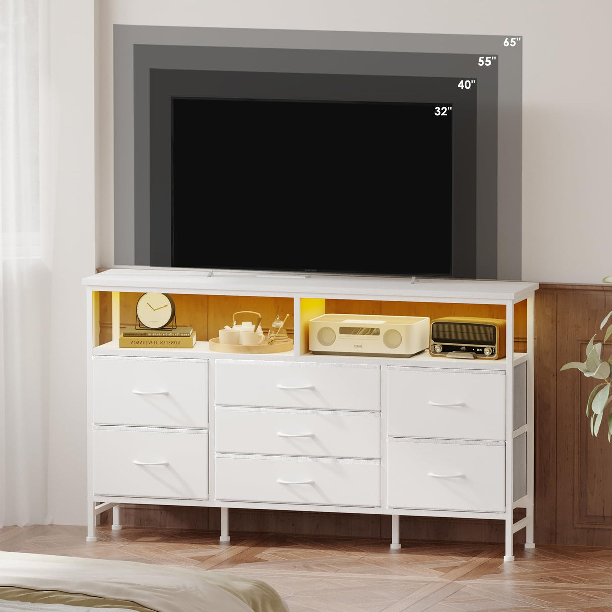 Fixwal 55 Inch Dresser TV Stand with Power Outlets and LED Lights, White Long Dresser for Bedroom with 7 Fabric Drawers, Large Dresser TV Stand for Up to 65 Inch TV, Chest of Drawers for Bedroom White Fixwal