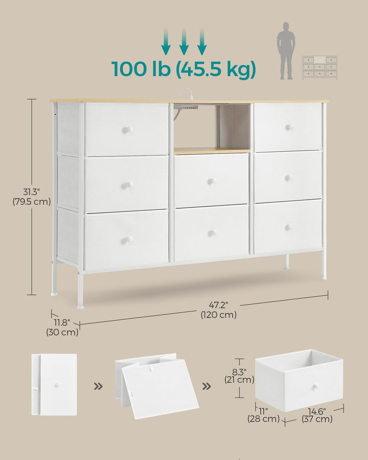 SONGMICS Dresser with Power Outlets and LED Lights, Fabric Chest of Drawers, 25 Colors, 8 Drawers, TV Stand for up to 60 Inch TVs, 11.8 x 47.2 x 31.3 Inches, Cloud White and Oak Beige ULTS518W01 SONGMICS