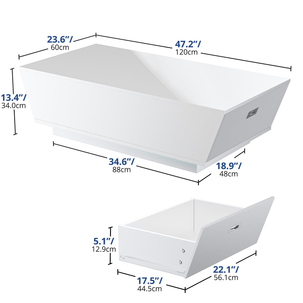 Cozy Castle High Gloss Coffee Table with LED, Modern Center Table with 2 Large Hidden Storage Drawers for Living Room, White, 47.2" W x 23.6" D x 13.4" H Cozy Castle