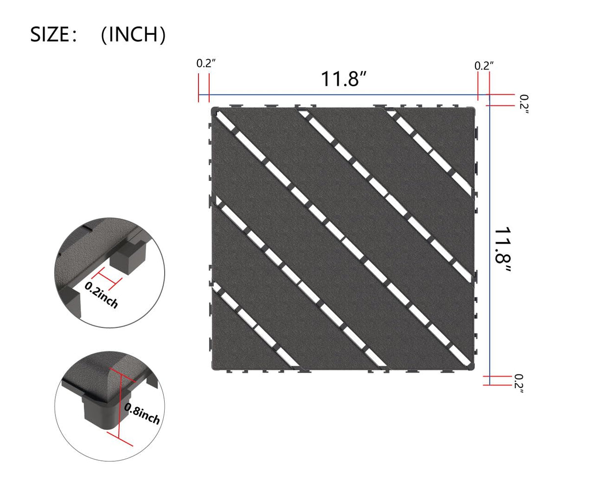 kejector 44 Pack Plastic Interlocking Deck Tiles,Patio Deck Tiles 12"x12" Square Waterproof Flooring Outdoor All Weather Use Slip-Resistant Decking Tiles for Poolside Balcony Backyard,Twill Lines kejector