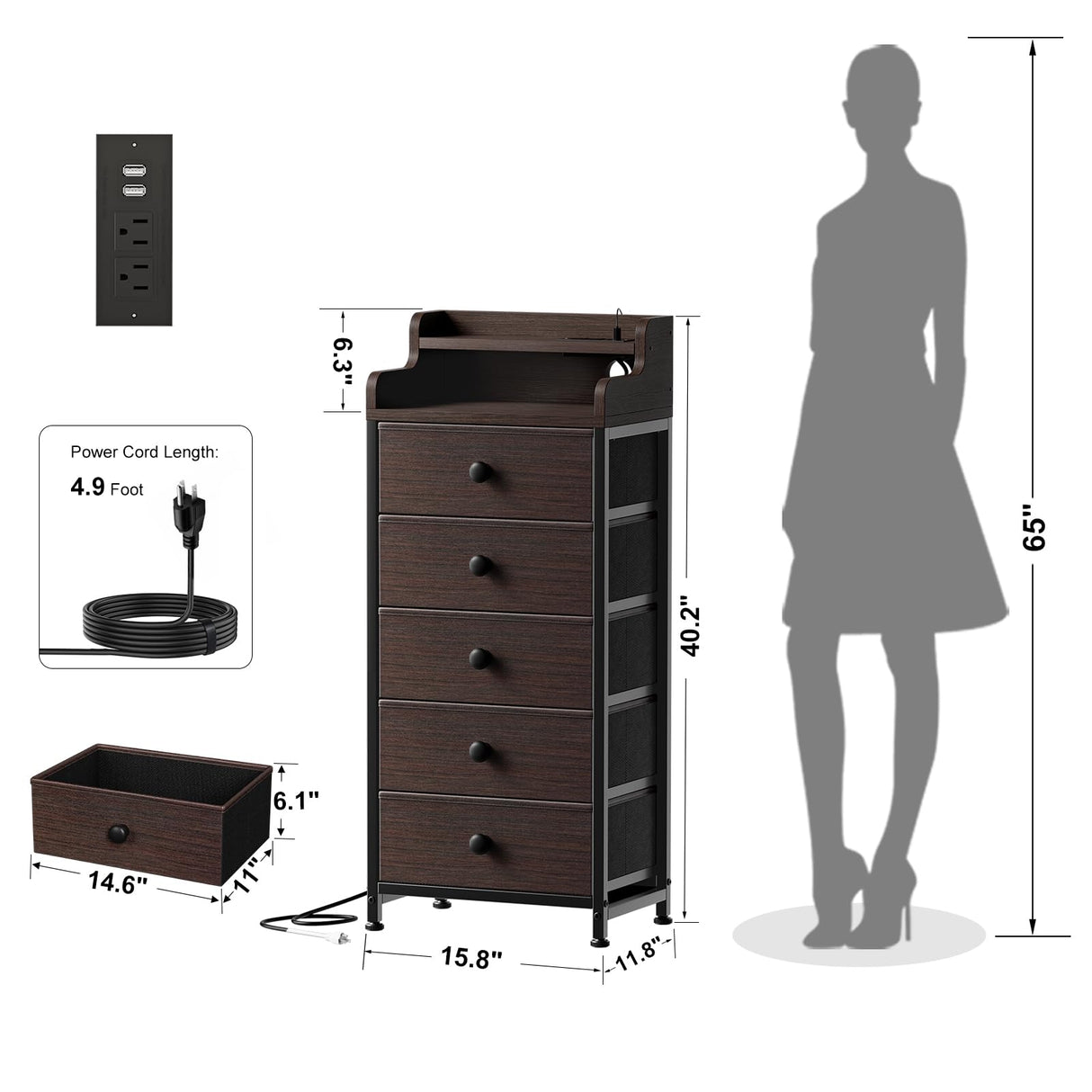 REAHOME 5 Drawer Dresser for Bedroom with Charging Station and LED Lights, Brown Chest of Drawers with Shelves, Tall Night Stand with Sturdy Steel Frame & Wood Top for Bedroom - Brown REAHOME