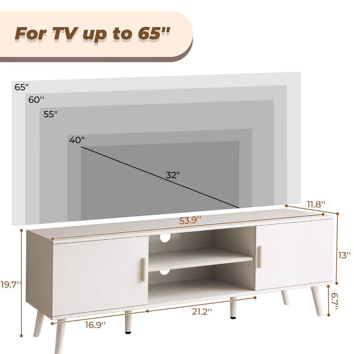 SUPERJARE TV Stand for 55 Inch TV, Entertainment Center with Adjustable Shelf, 2 Cabinets, TV Console Table, Media Console, Solid Wood Feet, Cord Holes, for Living Room, Bedroom, White SUPERJARE