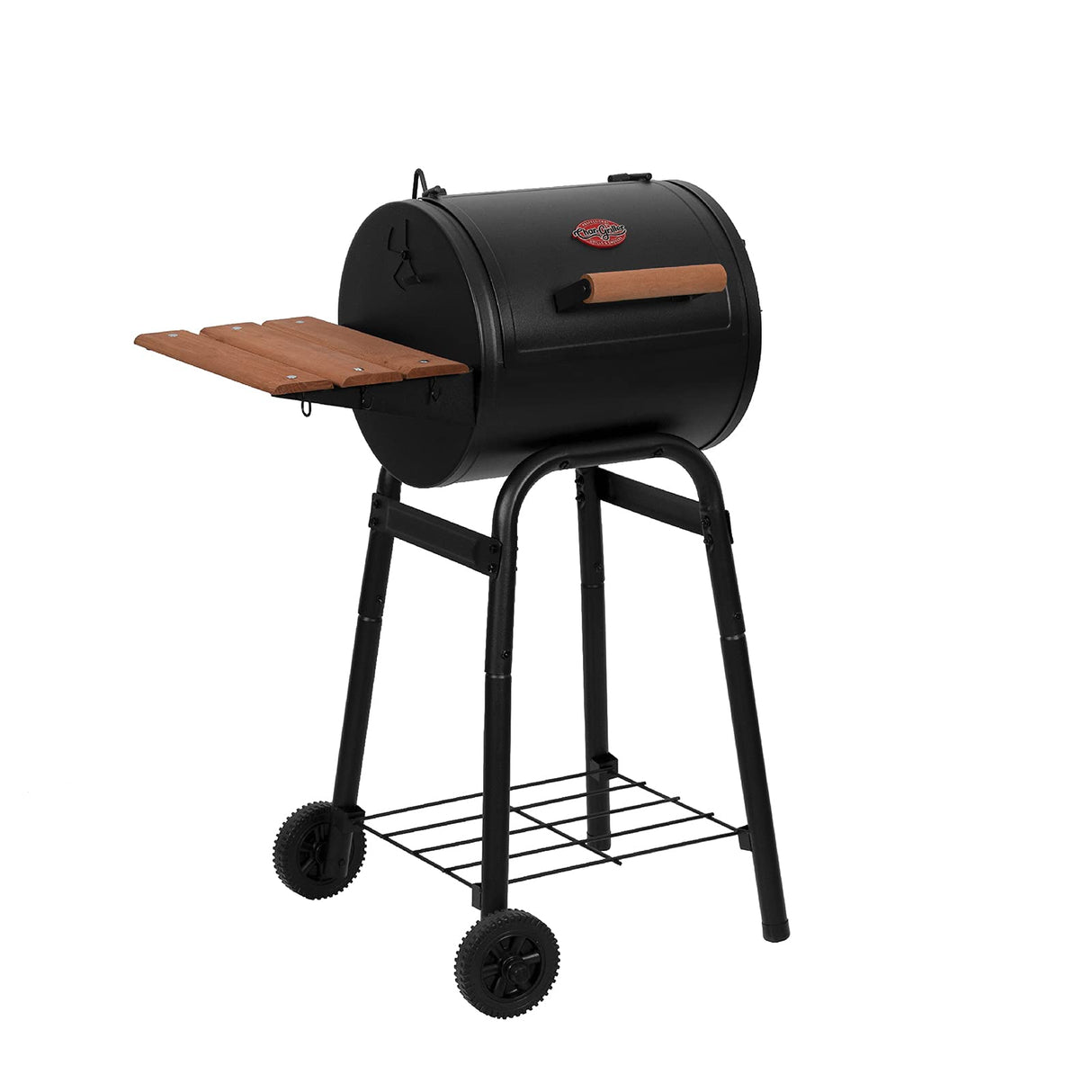 Char-Griller® Patio Pro Charcoal Grill and Smoker with Cast Iron Grates, Premium Wood Shelf and Damper Control, 250 Cooking Square Inches in Black, Model E1515 Char-Griller