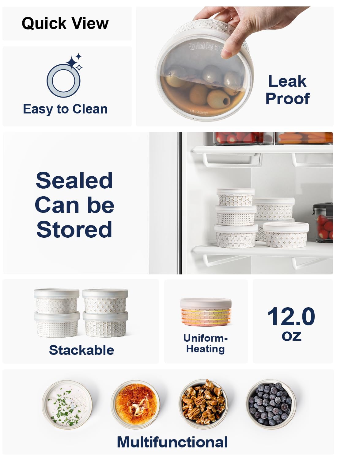 LE TAUCI Ramekins with Lids, 12 oz Ramikin Set for Creme Brulee, Souffle, Dipping Sauce, Ceramic Food Storage Container - 5 inch, Set of 4, Arctic White LE TAUCI