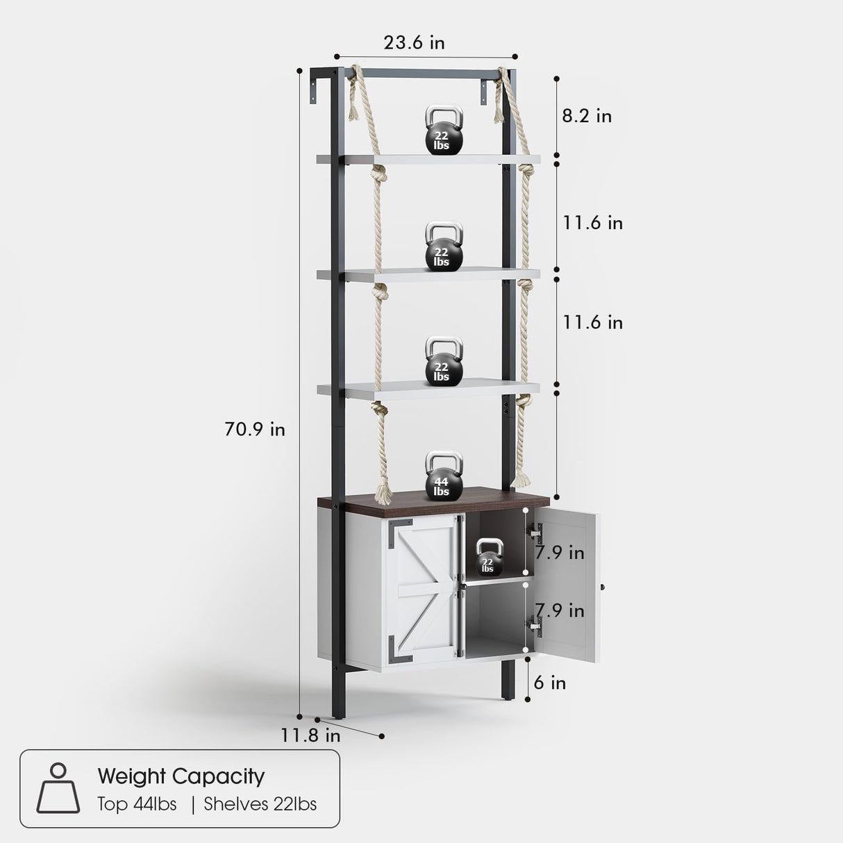 JOINICE,Farmhouse Bookshelf with Storage,71" Tall Industrial Bookcase with Shelves and Cabinet,5 Tier,Wall Mounted Ladder Shelf with Display Rack for Bedroom,Living Room,White JOINICE